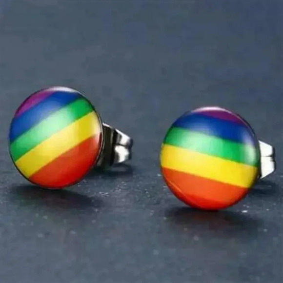 Rainbow Colors Gay Pride LGBTQ Round Silver Stainless Steel Stud Earrings - Picture 2 of 3